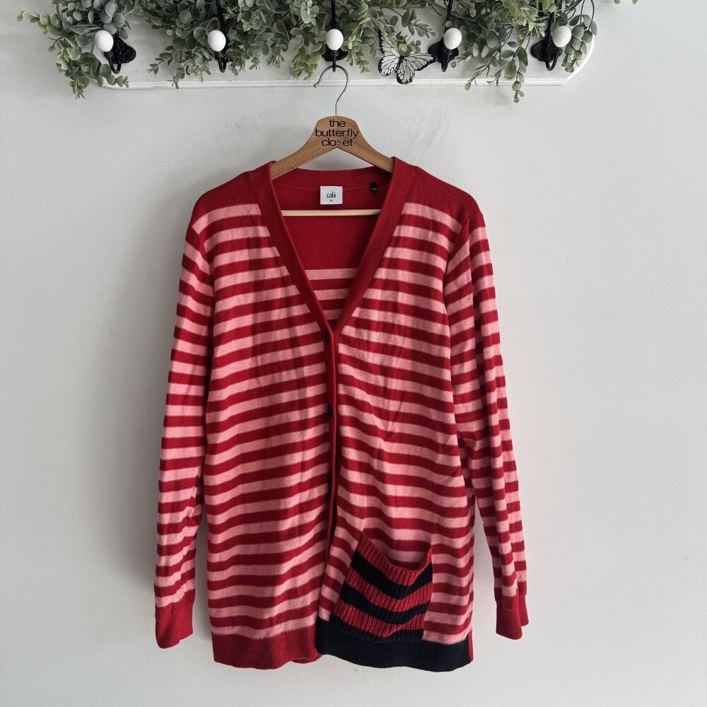 CAbi Picnic Red Pink Striped Cardigan Style 5446 QQ4801 XL preppy school work
